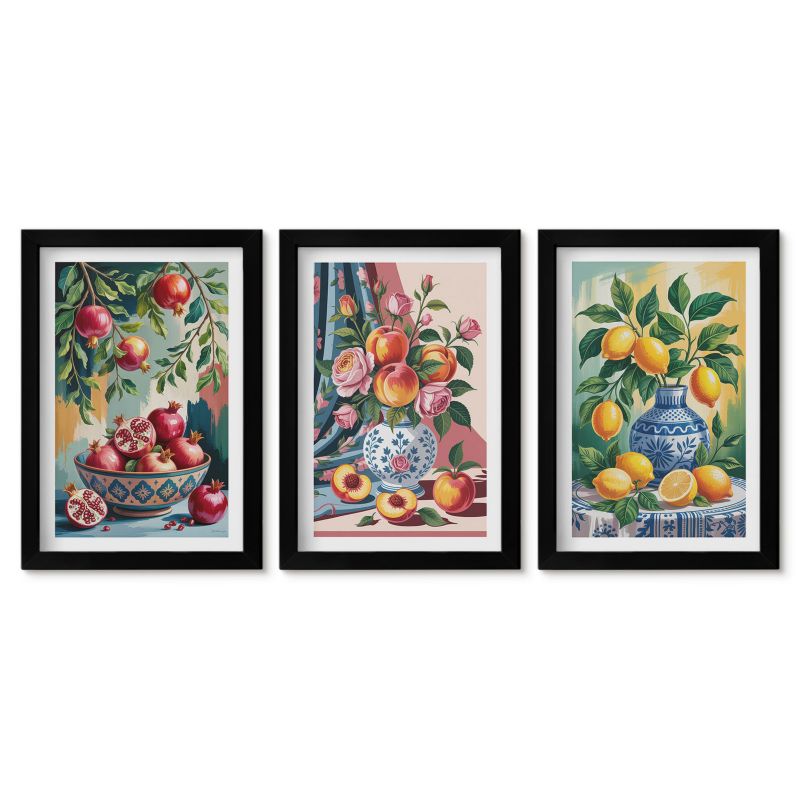 Zestaw 3 obrazów w czarnej ramie Tulup 20x30 cm Kwiaty owoce w wazonach Tryptyk 1 kpl