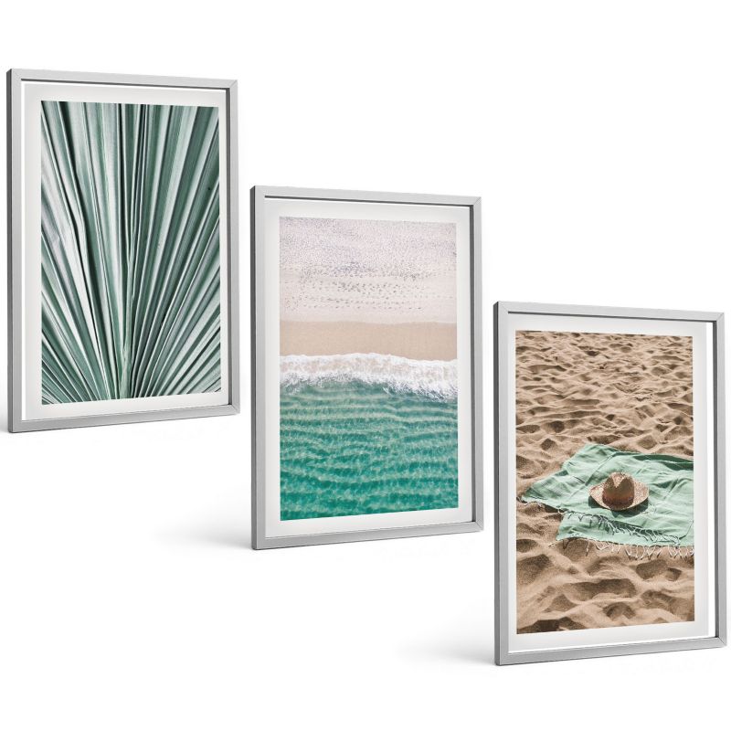 Galeria 3 Obrazów w Srebrnej Ramie ArtPrintCave 40x60 cm Komplet ścienny Wakacyjne widoki plaża morze 1 kpl.