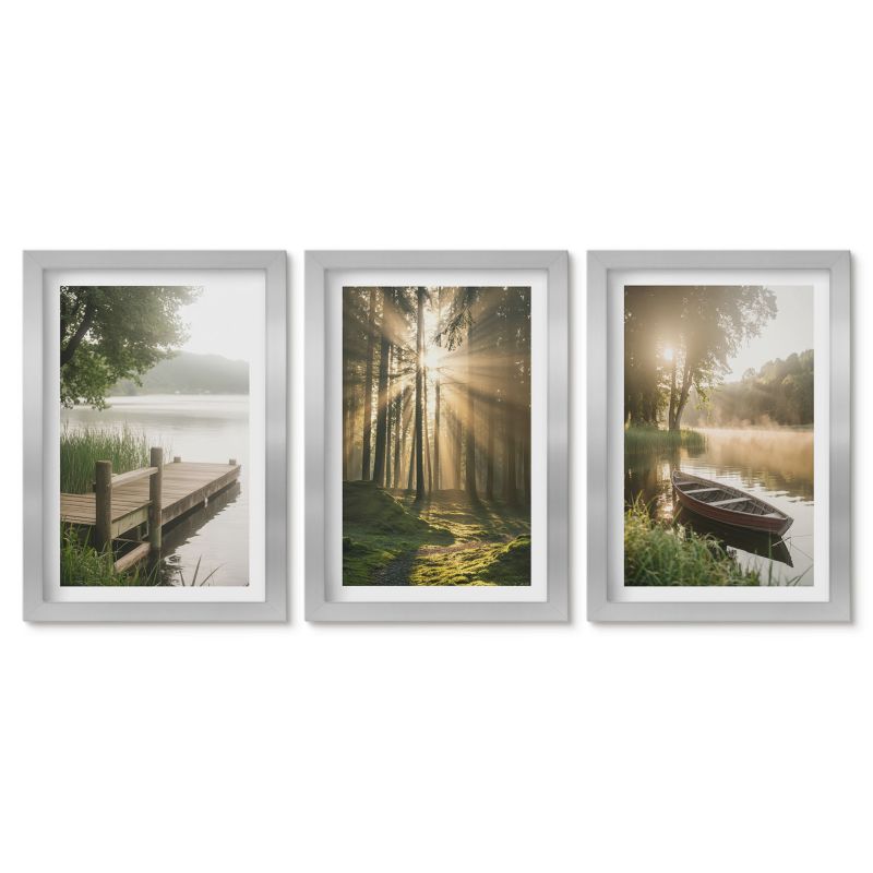 Tryptyk w srebrnej ramie Tulup 20x30 cm Jezioro las łódka mgła poranna Stylowa galeria nad biurko 1 kpl