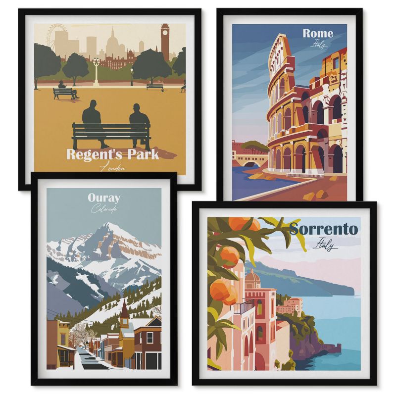Obraz Ścienny Zestaw Wallfluent Retro ilustracje znanych miejsc Czarna rama 4 szt.