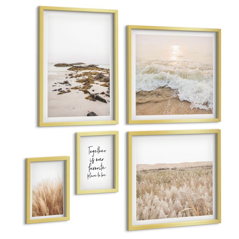 Pięcioczęściowy Zestaw Obrazów ArtPrintCave (2x50x50+2x20x30+40x60cm) Złota rama Pola trawy plaża boho styl 1 kpl.