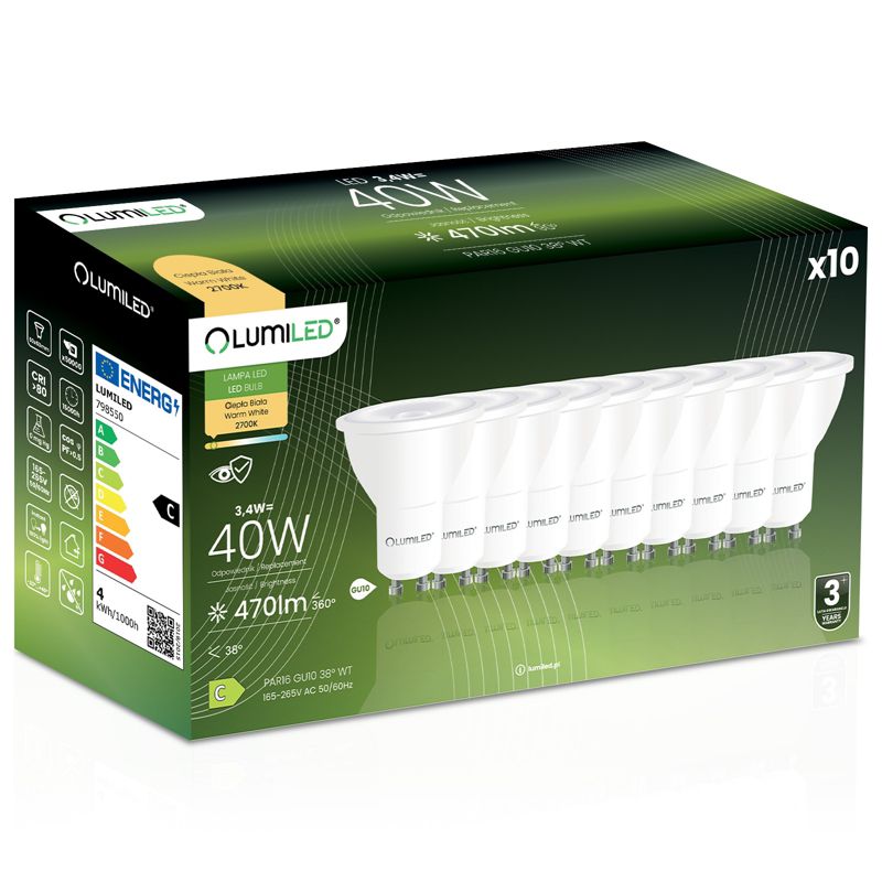Żarówka LED Lumiled GU10 Reflektor PAR16 3.4W 470LM 2700K 38st 10 szt.