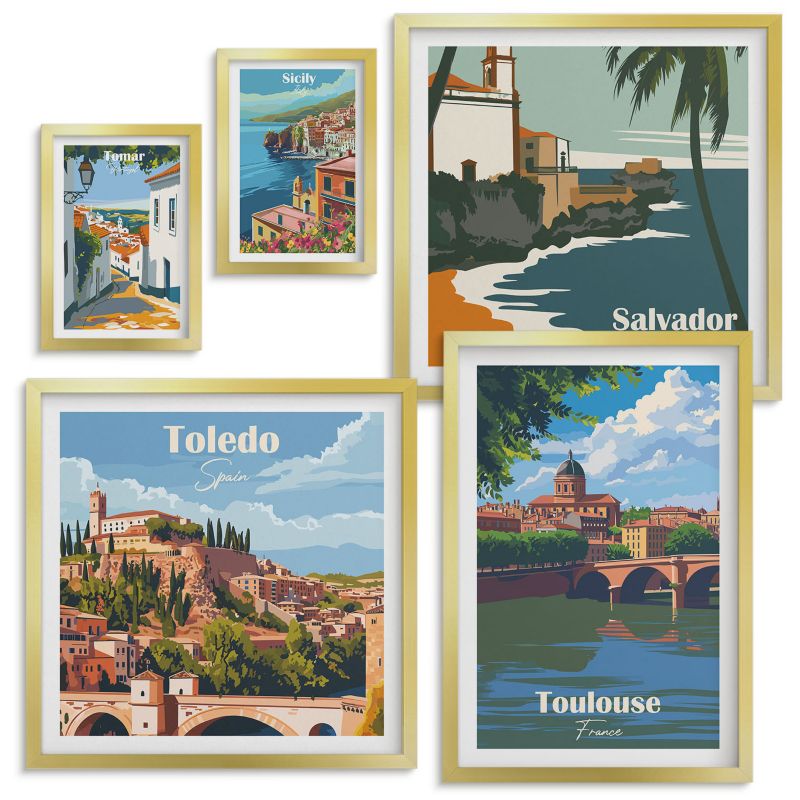 Zestaw Obrazów w Ramie Wallfluent Góry retro architektura ilustracje Złota rama 5 szt.