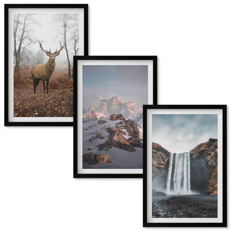 Obrazy do Salonu Wallfluent Dzikie krajobrazy górskie Czarna rama 40x60 cm 3 szt.