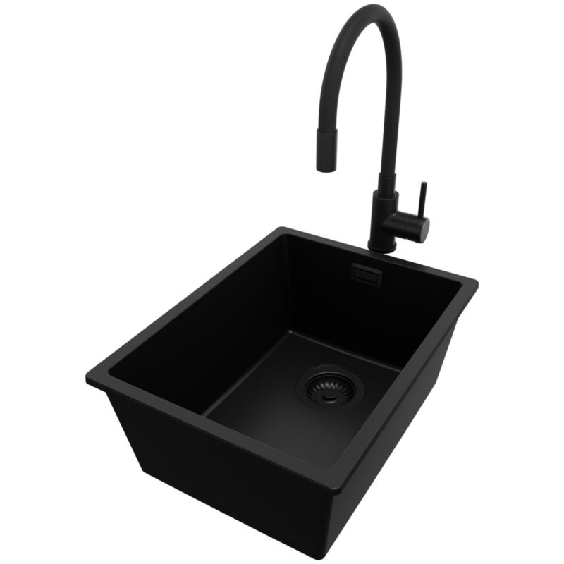 Zlewozmywak Granitowy Londyn Slim PRIMAGRAN Nablatowy 36x47cm do Szafki od 40cm, Cały Czarny + Bateria + Syfon, S054, 1 szt.