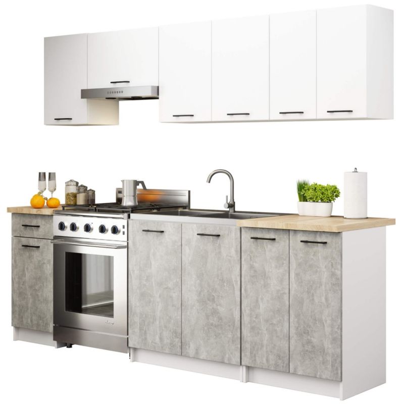 Zestaw kuchenny Akord Oliwia 2.4m Biały 240 cm 11 drzwi 1 szuflada kolor Beton mat 12 półek 240x46x203 cm 1 zestaw