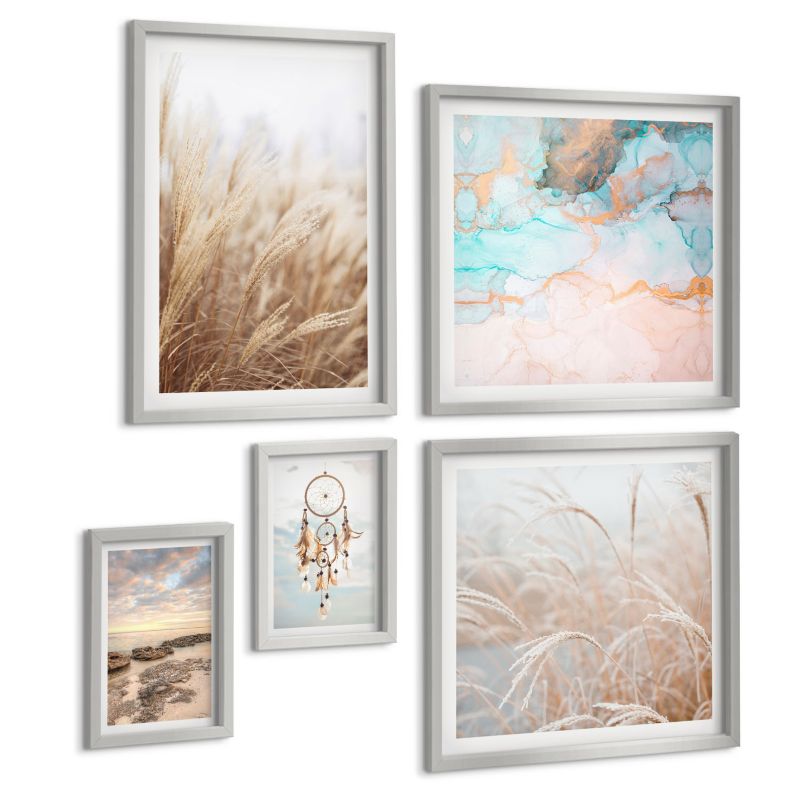 Pięcioczęściowy Zestaw Obrazów ArtPrintCave (2x50x50+2x20x30+40x60cm) Srebrna rama Plaża łódka muszle trawa boho 1 kpl.