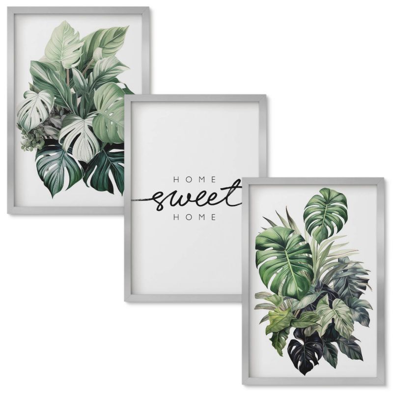 Tryptyk w Ramie Wallfluent Rośliny z napisem Sweet Home Srebrna rama 40x60 cm 3 szt.