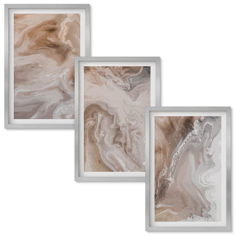 Obrazy do Salonu Wallfluent Kamień abstrakcyjny marmur Srebrna rama 40x60 cm 3 szt.