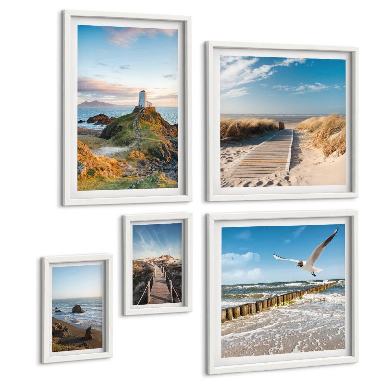 Pięcioczęściowy Zestaw Obrazów ArtPrintCave (2x50x50+2x20x30+40x60cm) Biała rama Nadmorskie palmy błękit woda 1 kpl.