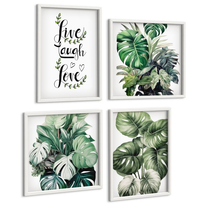 Komplet 4 Obrazów ArtPrintCave (2x50x50+2x40x60cm) Biała rama Rośliny liściaste żyj śmiej się kochaj 1 kpl.