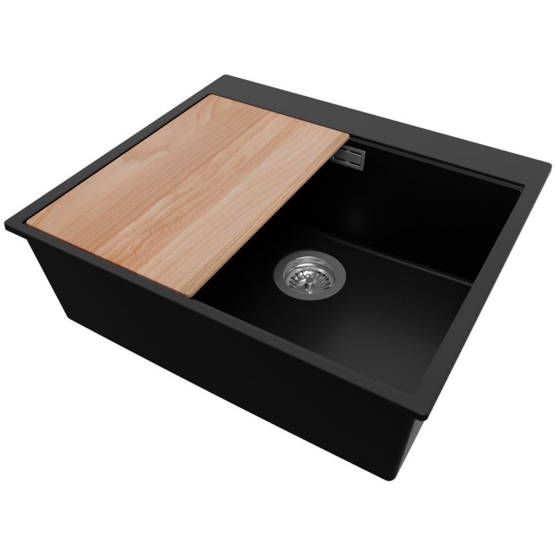 Zlewozmywak Oslo Top PRIMAGRAN Nablatowy 58x50cm do Szafki od 60cm, Czarny + Syfon + Deska, S403, 1 szt.