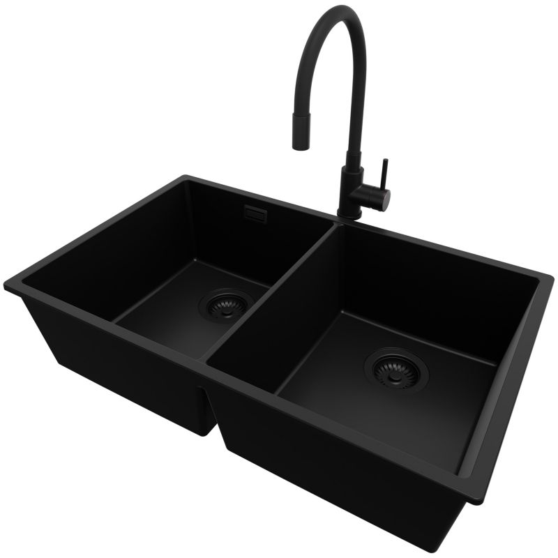Zlewozmywak podblatowy Londyn Twin PRIMAGRAN 76x47cm do Szafki od 80cm, Cały Czarny + Bateria 38x14cm + Syfon, S028, 1 szt.