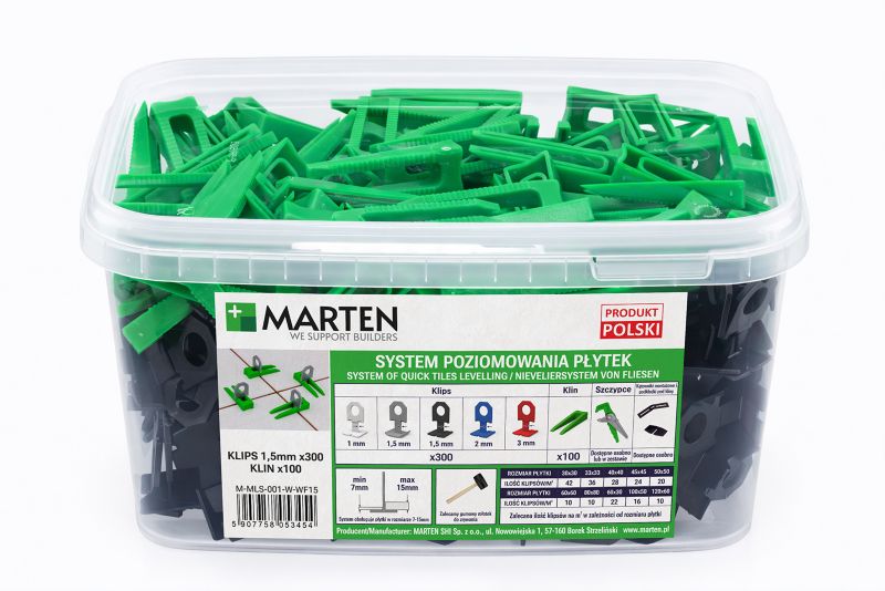 System poziomowania płytek MARTEN MLS zestaw klipsów czarnych 1,5 mm i klinów 400 szt.
