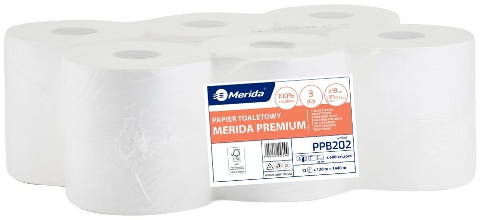 Papier toaletowy Merida Premium PPB202, 3-warstowy, 12 rolek, 120m, biały
