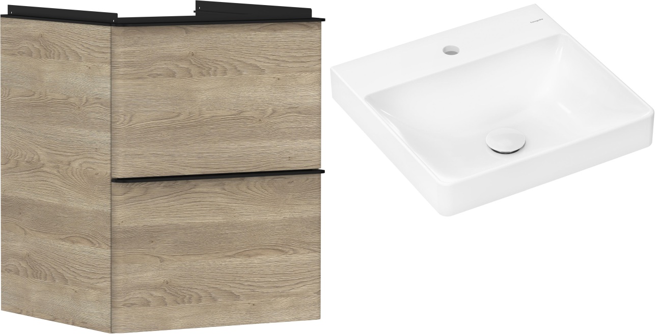 Hansgrohe Xelu Q szafka wisząca z umywalką 50x48 cm naturalny dąb/czarny mat/biały (54021670, 61012450)