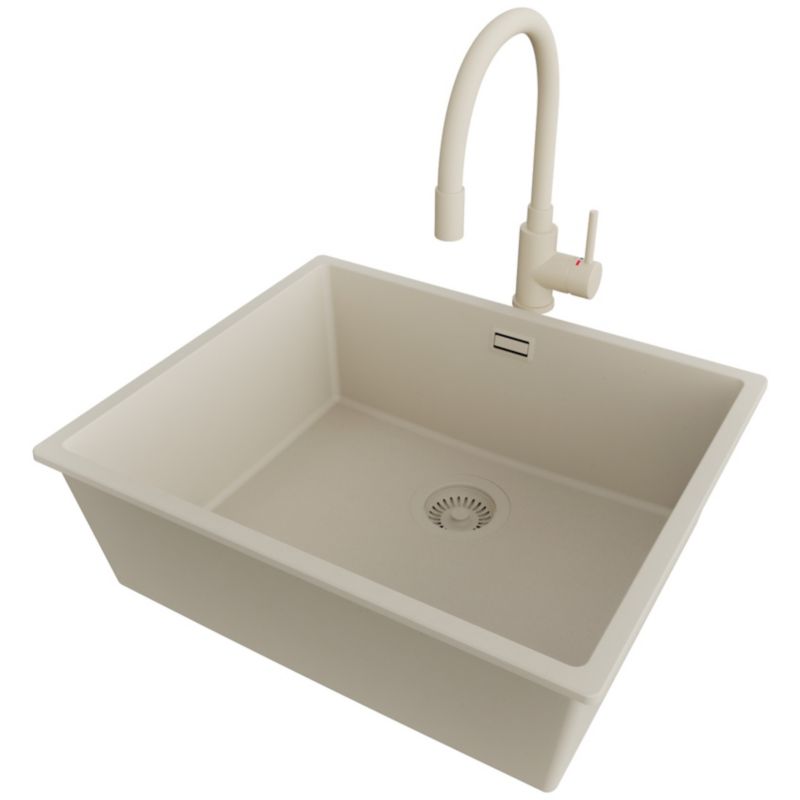 Zlewozmywak podblatowy Londyn PRIMAGRAN 56x47cm do Szafki od 60cm, Cały Beżowy + Bateria 38x14cm + Syfon, S330, 1 szt.