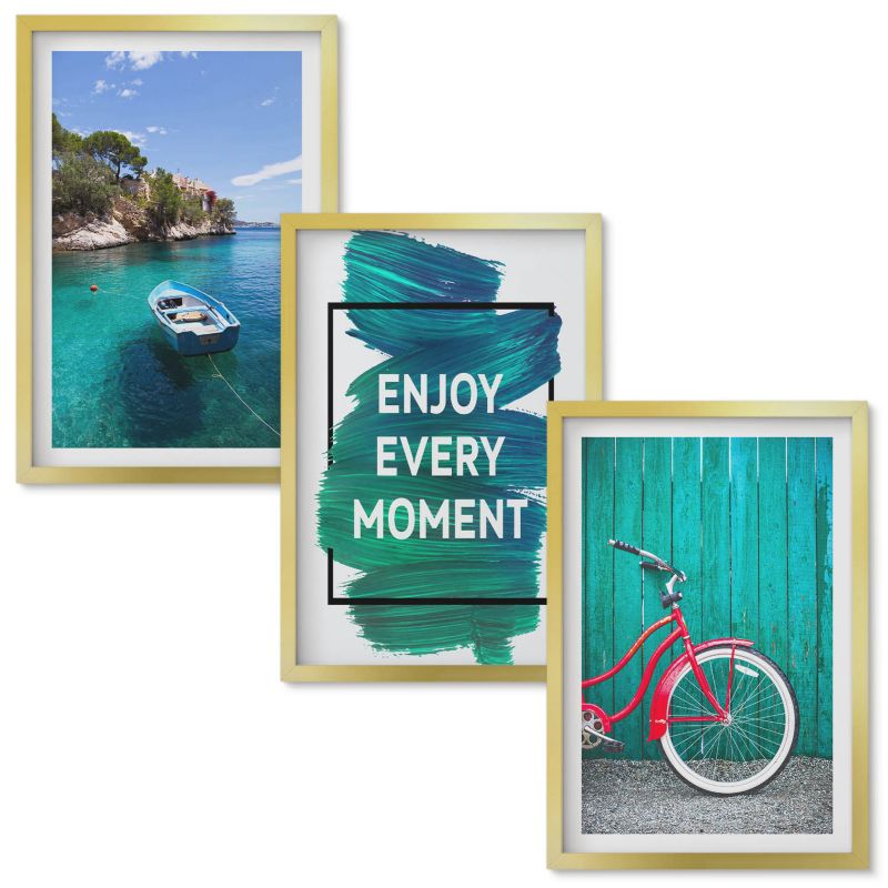 Obrazy Do Sypialni Wallfluent Morze łódź rower inspiracja Złota rama 40x60 cm 3 szt.
