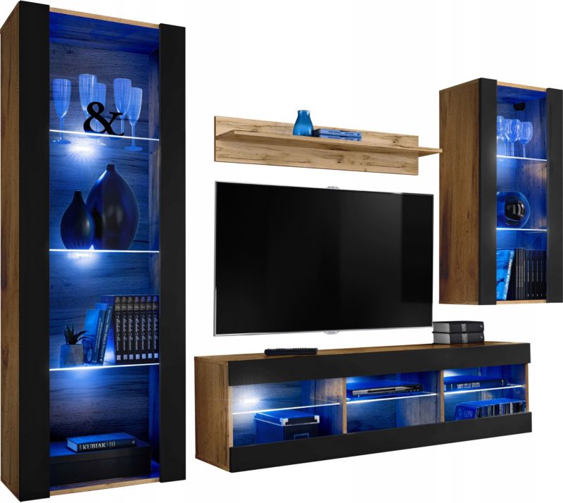 Meblościanka Dąb Wotan/Czarny LED Meble RTV - Zestaw Mebli 1 szt.