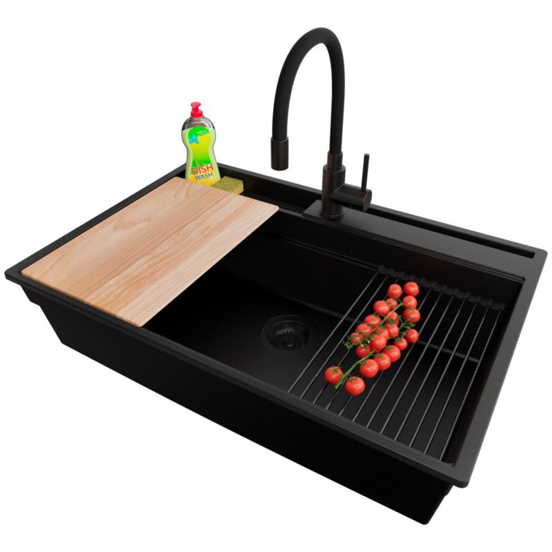 Zlewozmywak Granitowy Oslo Pocket Multilevel PRIMAGRAN Nablatowy 78x53cm, Cały Czarny + Bateria + Syfon, S416, 1 szt.