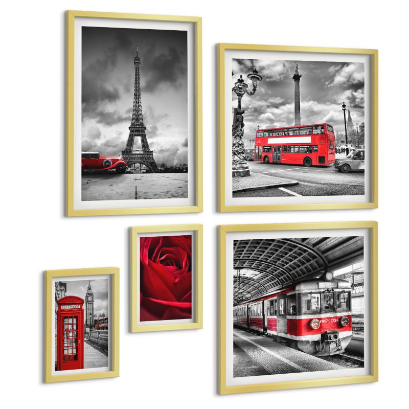 Zestaw 5 Obrazów ArtPrintCave (2x50x50+2x20x30+40x60cm) Złota rama Ikony miast Londyn Paryż kolej 1 kpl.