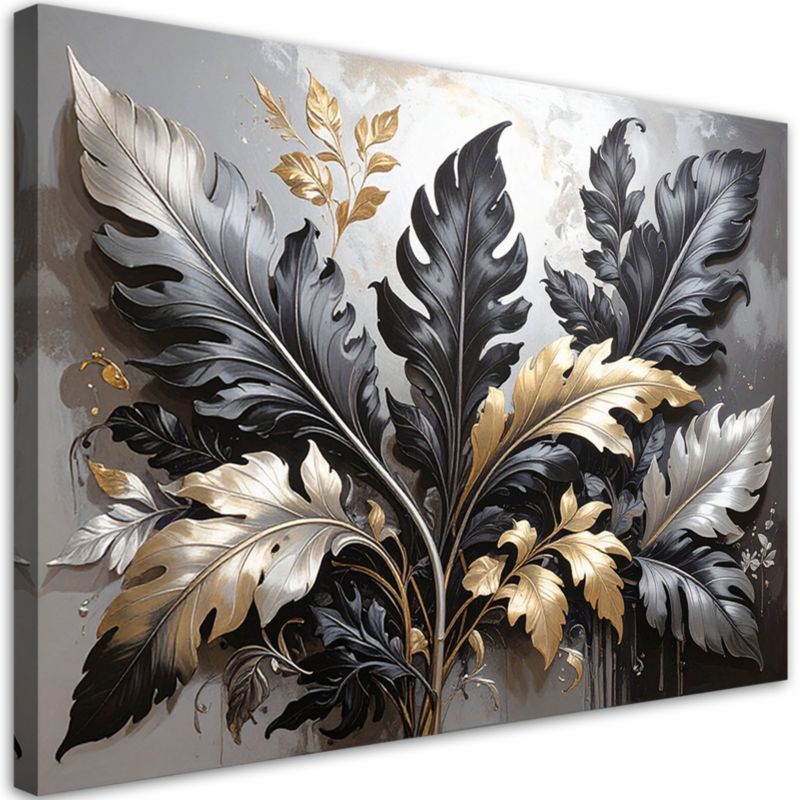 Obraz do salonu sypialni kuchni biura Feeby Czarno złote liście akantu 30x20cm 1szt
