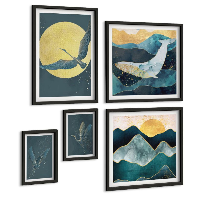 Komplet 5 Obrazów ArtPrintCave (2x50x50+2x20x30+40x60cm) Czarna rama Ptaki żurawie księżyc góry 1 kpl.