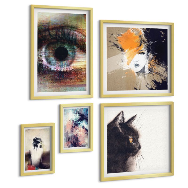 Komplet 5 Obrazów ArtPrintCave (2x50x50+2x20x30+40x60cm) Złota rama Fale żółte szaro brązowe 1 kpl.
