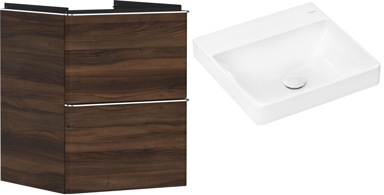 Hansgrohe Xelu Q szafka wisząca z umywalką 50x48 cm ciemny orzech/chrom/biały (54022000, 61013450)
