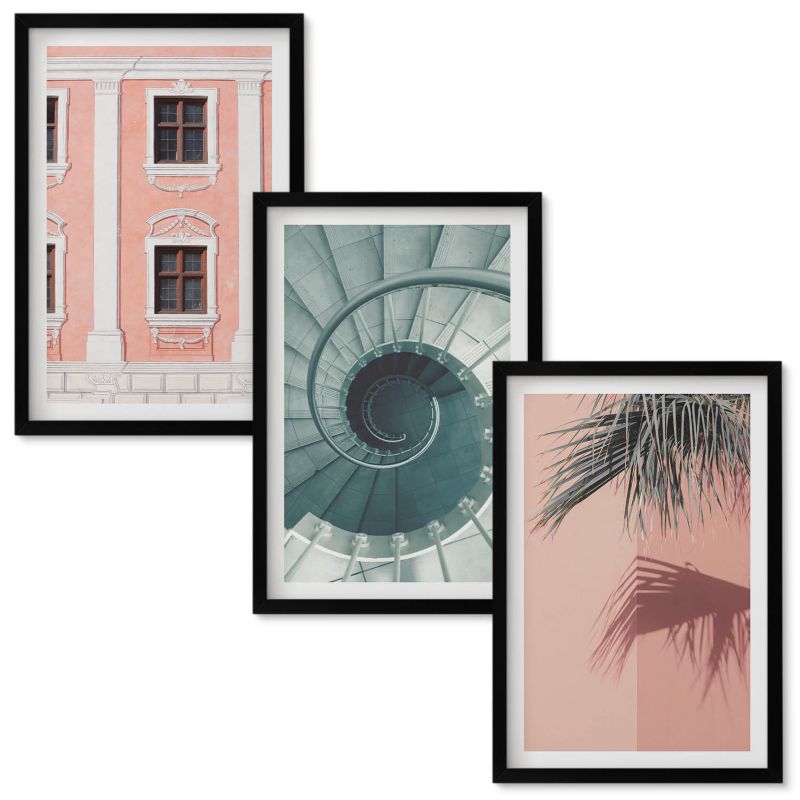 Obrazy Do Sypialni Wallfluent Architektura pastelowe spiralne Czarna rama 40x60 cm 3 szt.
