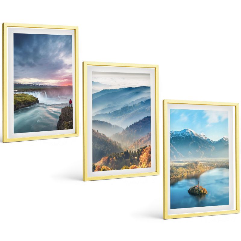 Galeria 3 Obrazów w Złotej Ramie ArtPrintCave 40x60 cm Komplet ścienny Górskie krajobrazy wodospady 1 kpl.