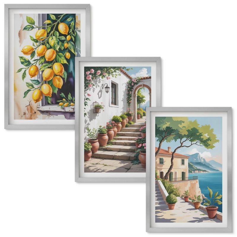 Obraz Ścienny Zestaw Wallfluent Cytryny kwiaty widoki morze Srebrna rama 40x60 cm 3 szt.