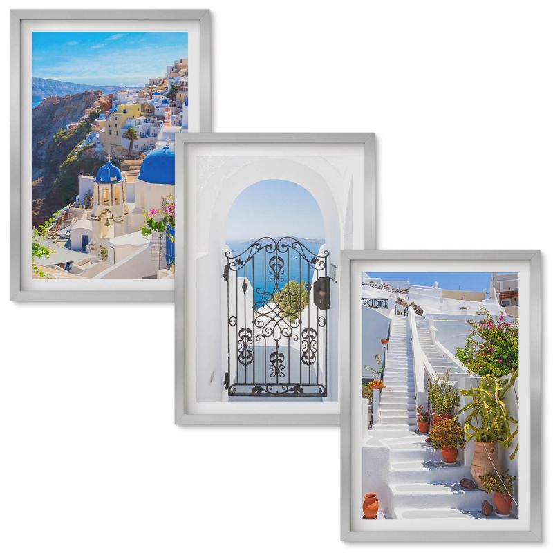 Set Obrazów w Ramie Wallfluent Santorini architektura Oia Srebrna rama 40x60 cm 3 szt.
