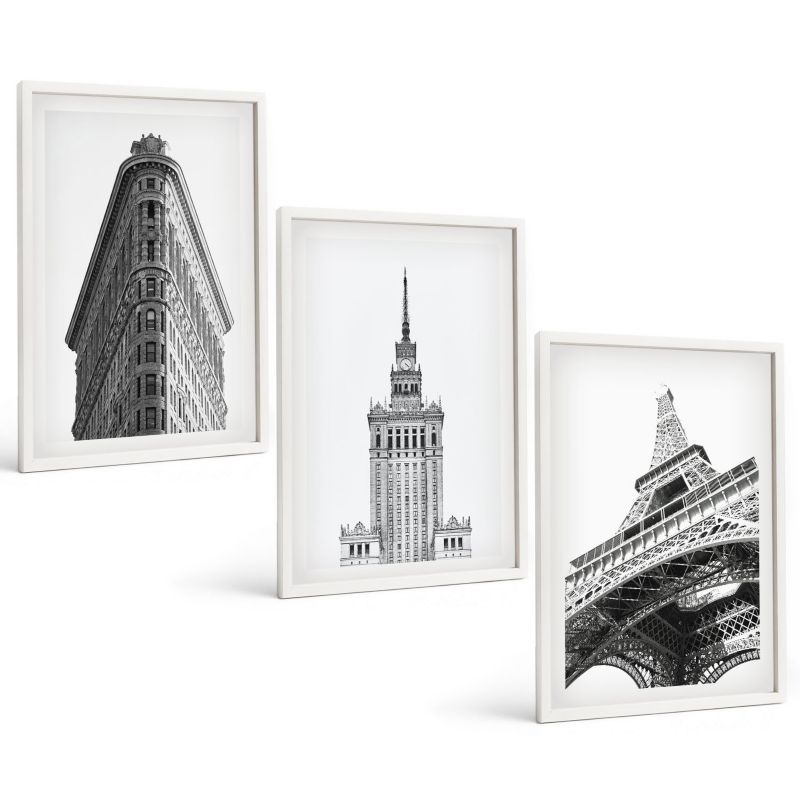 Zestaw Obrazów 3 Częściowy ArtPrintCave Białe Ramki 40x60 cm Dekoracja do Sypialni Czarno-białe budowle 1 kpl.