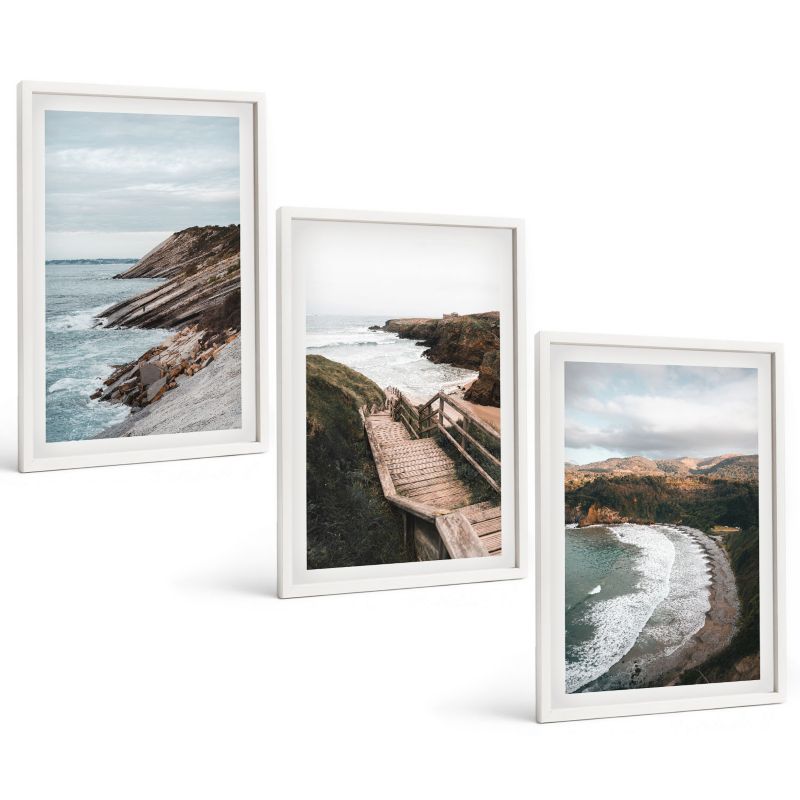 Zestaw Obrazów 3 Częściowy ArtPrintCave Białe Ramki 40x60 cm Dekoracja do Sypialni Widoki klifów plaża pejzaże 1 kpl.
