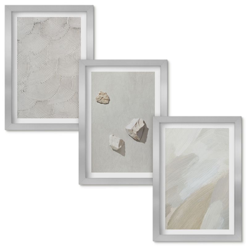Obraz Ścienny Zestaw Wallfluent Piasek kamienie nowoczesna farba Srebrna rama 20x30cm 3 szt.