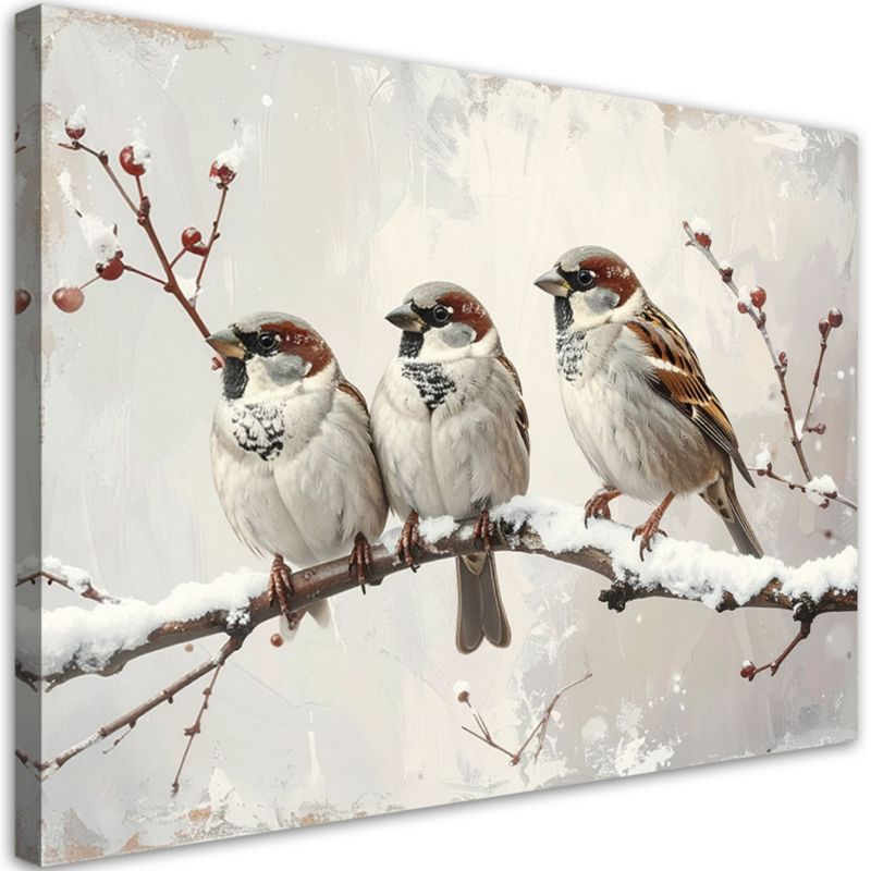 Obraz do salonu sypialni biura Feeby Wróble ptaki siedzące na gałęzi w zimie 60x40cm 1szt