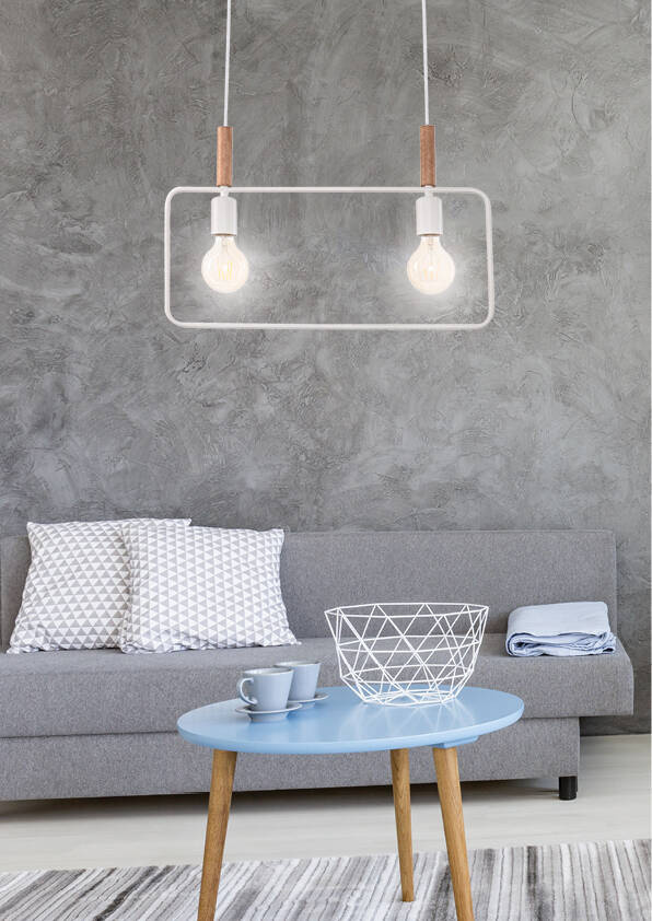 Biała lampa wisząca z regulacją wysokości do salonu FRAME metal drewno