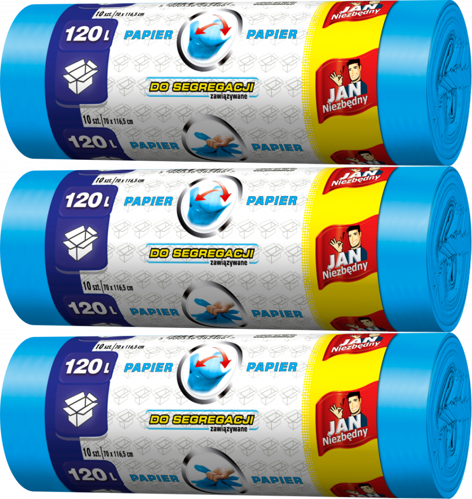 3x Worki na śmieci Jan Niezbędny, na papier, 120l, 10 sztuk, niebieski