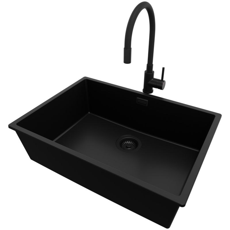 Zlewozmywak podblatowy Londyn PRIMAGRAN 66x47cm do Szafki od 70cm, Cały Czarny + Bateria 38x14cm + Syfon, S414, 1 szt.