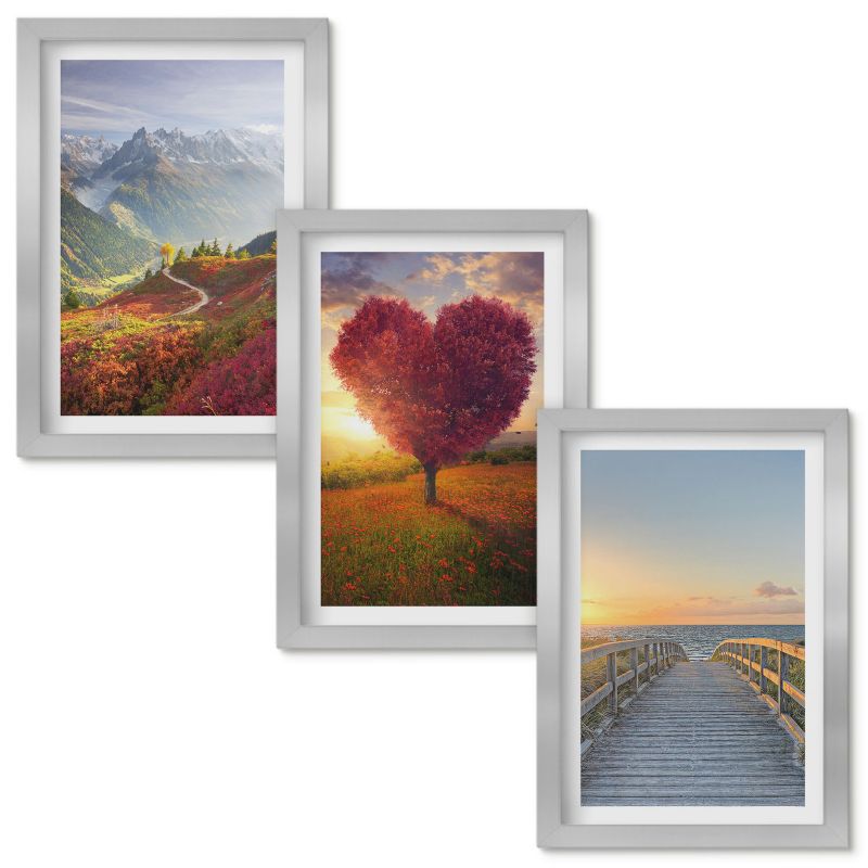 Obrazy Do Sypialni Wallfluent Krajobrazy gór drzewo serce molo Srebrna rama 20x30cm 3 szt.