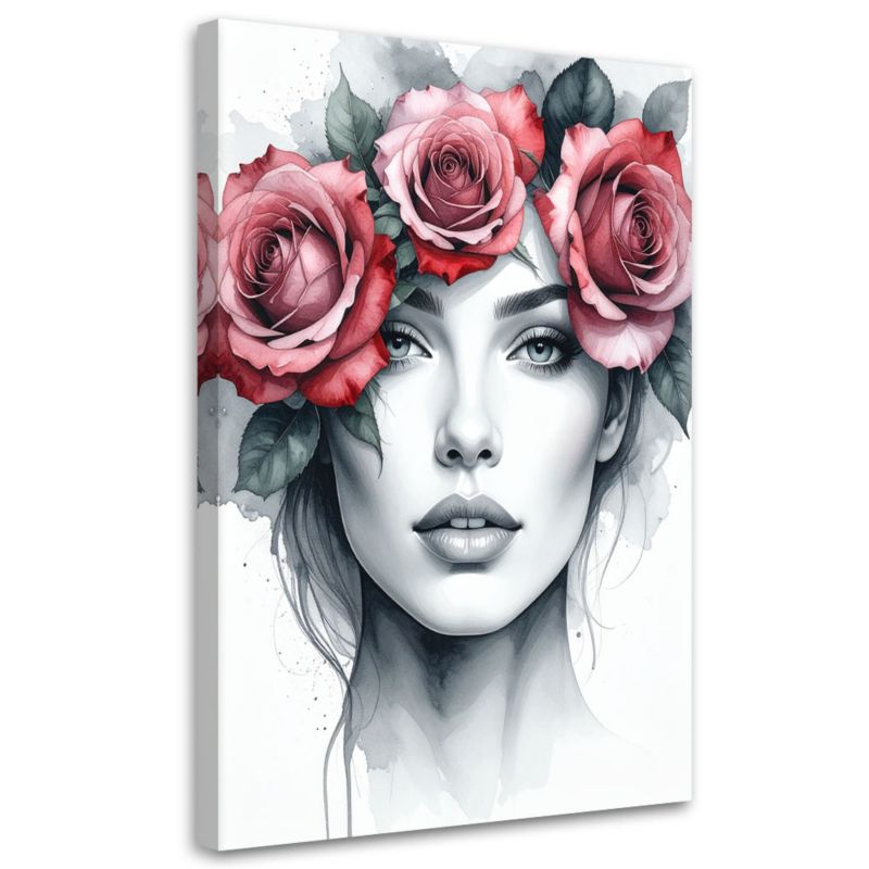 Obraz do salonu sypialni Feeby Portret Kobieta z kwiatami róży na głowie 40x60cm 1szt