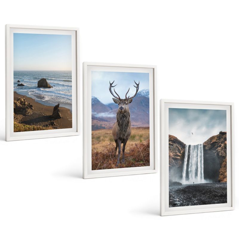 Trzyczęściowy Zestaw Obrazów ArtPrintCave 40x60 cm Biała rama Krajobrazy gór z wodospadem 1 kpl.