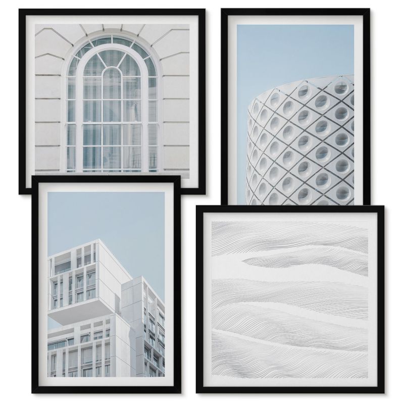 Tetraptyk Na Ścianę Wallfluent Nowoczesna architektura geometria Czarna rama 4 szt.
