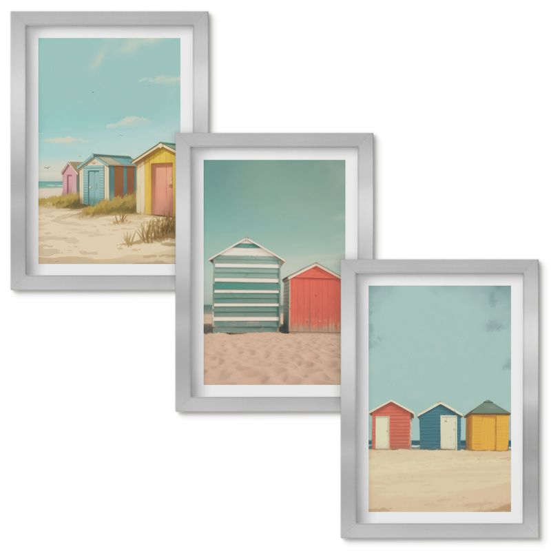 Zestaw Obrazów w Ramie Wallfluent Kolorowe domki plaża słońce Srebrna rama 20x30cm 3 szt.