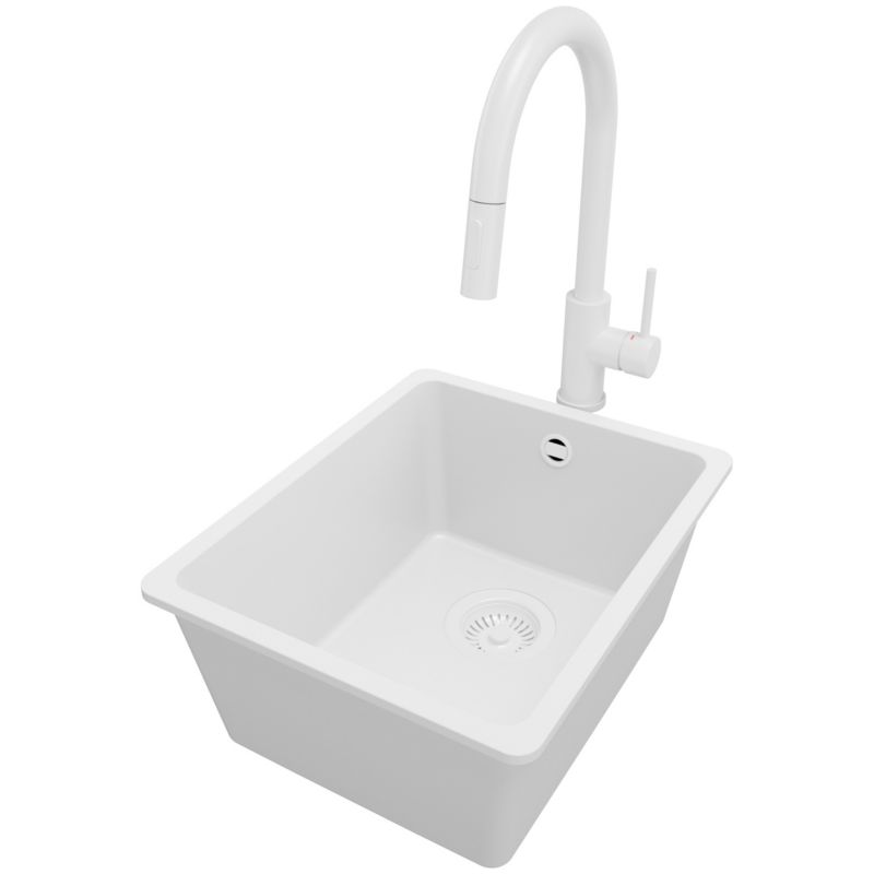 Zlewozmywak podblatowy Wenecja Easy PRIMAGRAN 36x44cm do Szafki od 40cm, Cały Biały + Bateria 40x20cm + Syfon, S018, 1 szt.