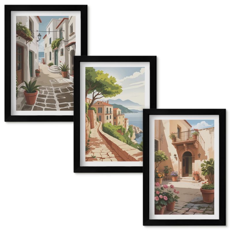Set Obrazów w Ramie Wallfluent Uliczki domy rośliny donice Czarna rama 20x30cm 3 szt.