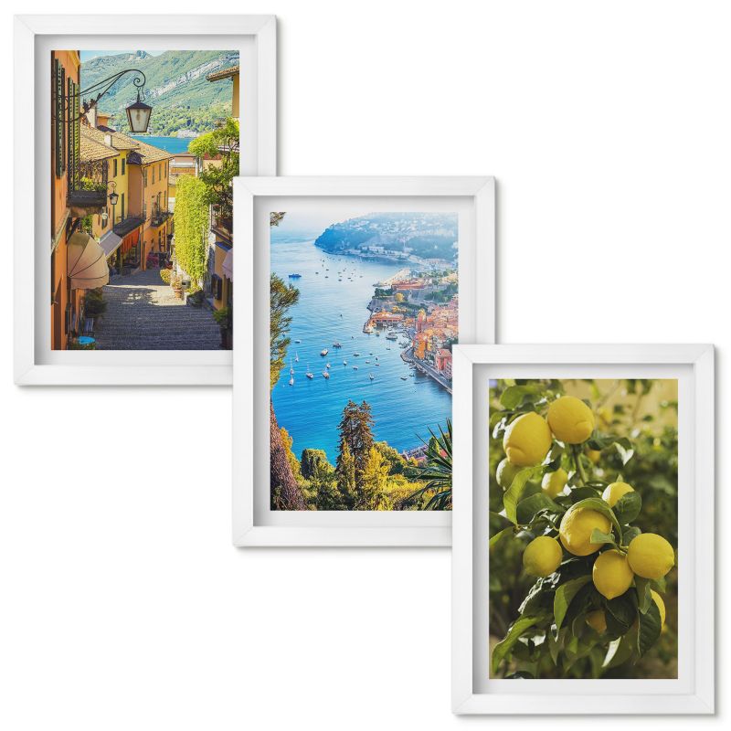 Zestaw Obrazów w Ramie Wallfluent Uliczki nadmorskie morze cytryny Biała rama 20x30cm 3 szt.