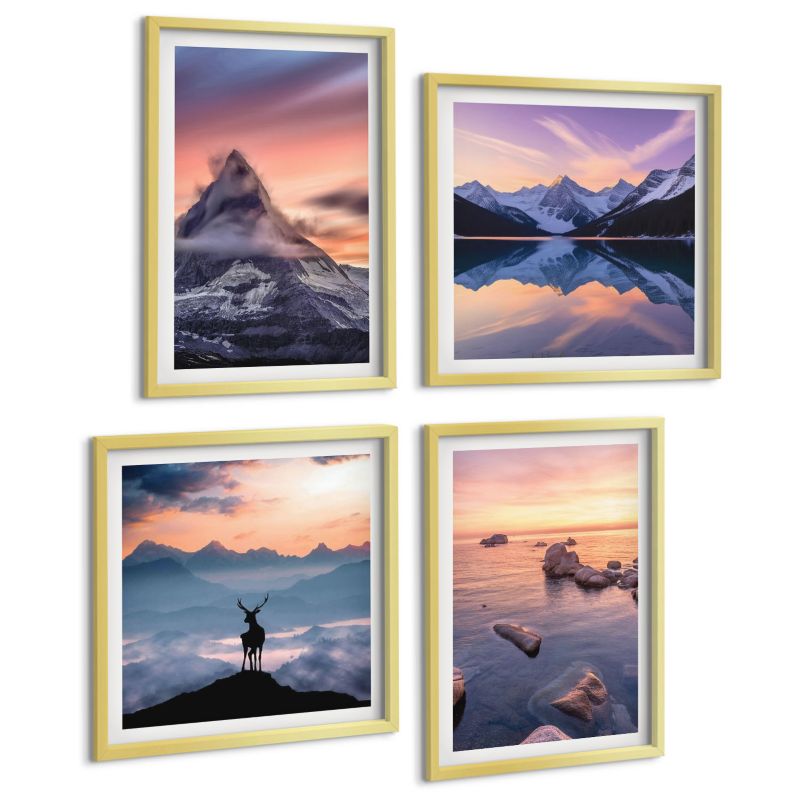 Zestaw Obrazów 4 Częściowy ArtPrintCave (2x50x50+2x40x60cm) Złota rama Krajobrazy góry jeziora jeleń 1 kpl.