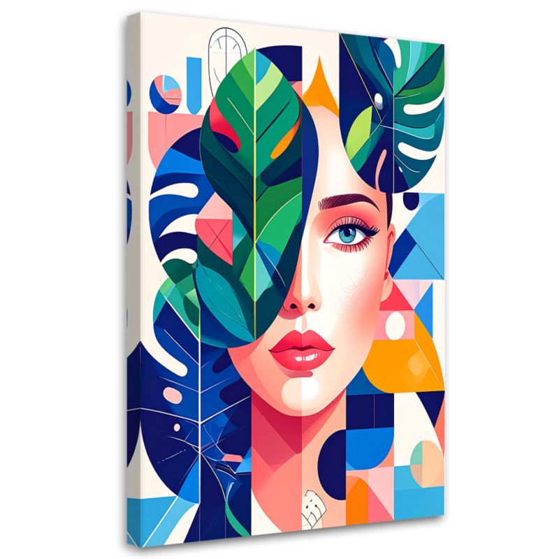 Obraz do salonu sypialni Feeby Kobieta liście monstery w stylu Bauhaus 70x100cm 1szt